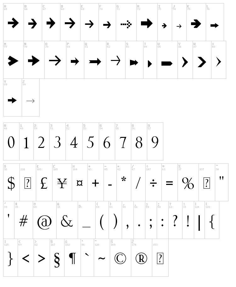 Arrow Symbols 1 font map